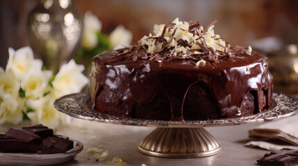 A beautifully glazed chocolate cake, adorned with chocolate shavings, makes a perfect dessert.
