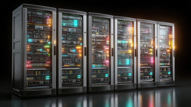 Gleaming server racks illuminated with vibrant neon lights in a dark data center