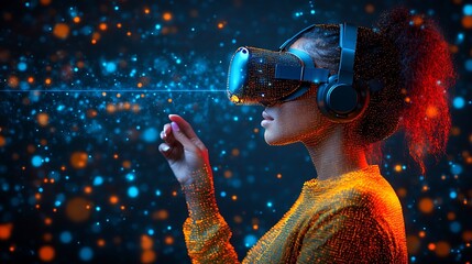 Woman wearing virtual reality headset, immersed in a digital experience.