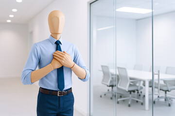 Mannequin dressed business attire standing modern office space with glass walls and conference room furniture, conveying sense of daily work routine and stress with touch of relaxation