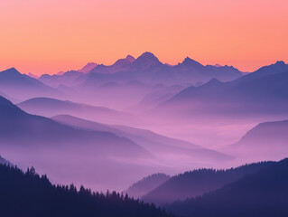 Fototapeta premium Mountain Peaks Through Misty Sunrise