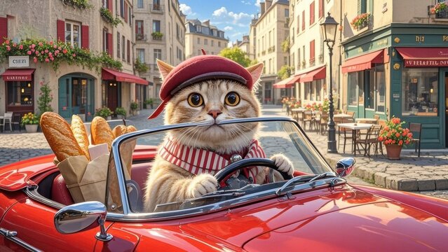 Fototapeta A charming tabby cat wearing a beret drives a red vintage car through the streets of Paris with baguettes beside him, capturing a whimsical Parisian scene .