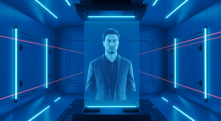 futuristic man in a neon lit room with a holographic display