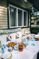 Baby shower celebration at a cozy outdoor venue with blue decorations and refreshments