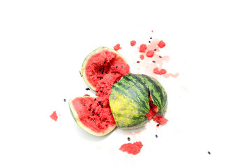 Close-up of a broken watermelon isolated on a white background