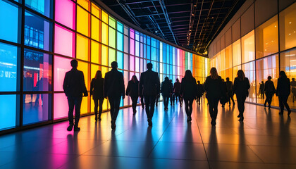 Colorful Corridor with People Walking.
