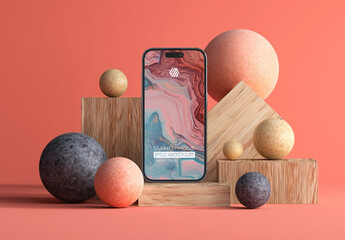Mobile Phone On Modern Display Presentation Mockup