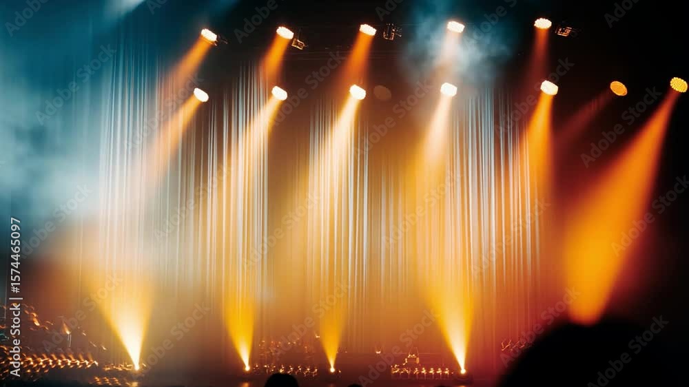 Poster stage lights illuminate the spectacle: dramatic stage lights cast dynamic shadows and light rays acr