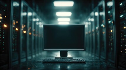 Computer monitor and keyboard in a dark server room with blurry lights