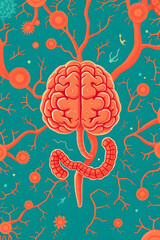 Conceptual Brain-Gut Microbiome Interaction, mind-body, health, medicine on isolated teal background	