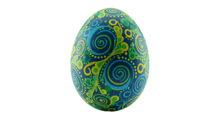 A blue egg is painted with green and yellow swirls and dots on a black background
