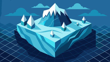 A blue and white image of a mountain with a blue and white island in the middle. The island is surrounded by ice and snow