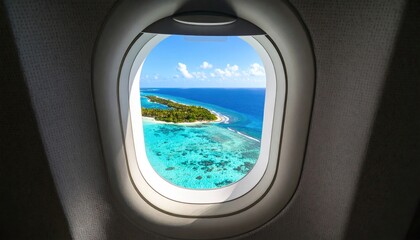 Fototapeta premium Aerial view of tropical islands from airplane window. Lush islands, turquoise water, clear sky