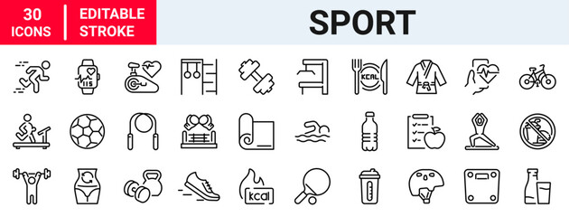 Diet and sport. Fitness related line icon set. Gym exercises linear icons. Sport and training outline vector signs and symbols collection.