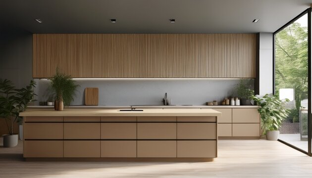 minimalist style kitchen with built in counter and wood cabinet 3d rendering