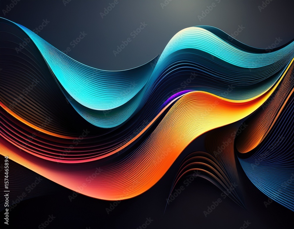 Poster modern abstract geometric background with colorful curved lines on dark surface