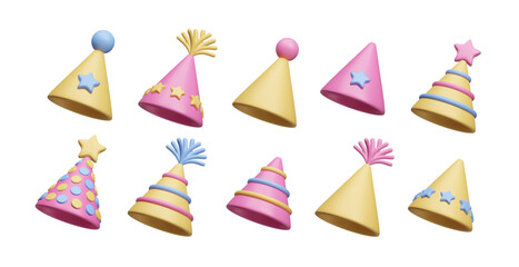 Set of colorful pink and yellow party hats 3D style vector bundle. Striped and dotted cone hats with stars, tassels and pom pom decor elements. Happy Birthday party fun festive greeting 3D icon set.