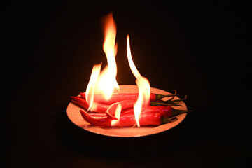 Red hot chili peppers with flame  on a dark background