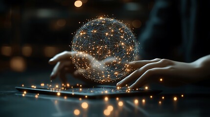 A globed network interface is displayed on a digital tablet.