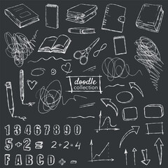 Hand-drawn set of school drawings and doodles with school supplies, lines, graphs, frames and arrows on a black background for the design of educational and creative projects.