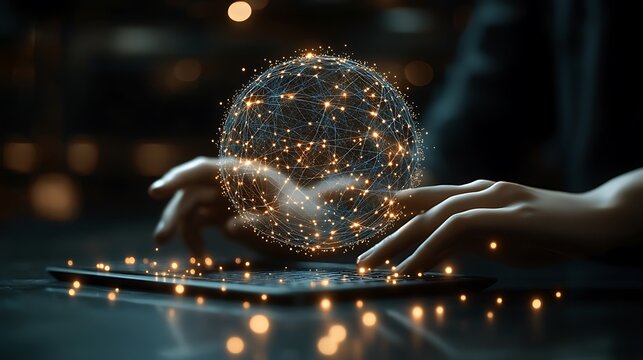 A globed network interface is displayed on a digital tablet.