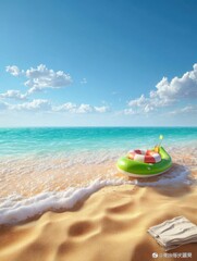 3D render of a tropical beach with gentle waves, inflatable boat and lifebuoy on the sand under a clear blue sky, peaceful summer vacation scene