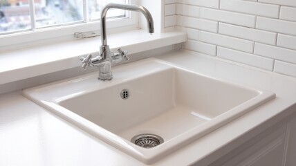 Elegant kitchen sink with modern faucet in bright lighting. Neural network AI generated