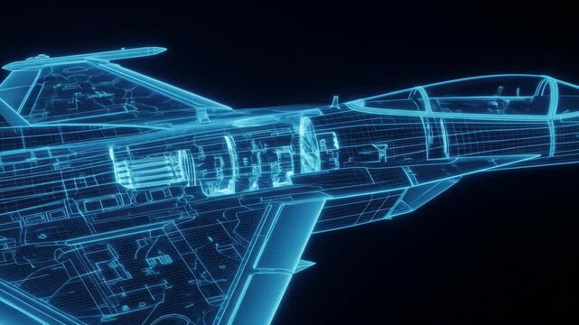 Detailed Blue Wireframe Jet Fighter Model Against Black Background Showcasing Digital Design Military Aircraft with Glowing Outlines Optimized for Adobe Stock