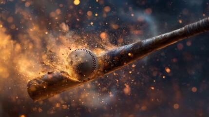 baseball bat smashing into a baseball, explosion of fiery sparks and embers