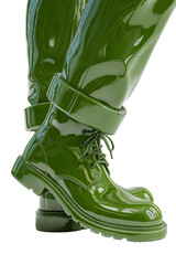 Glossy forest green rubber  boots with lace up closure,  matching latex fetish pants isolated on transparent background. 