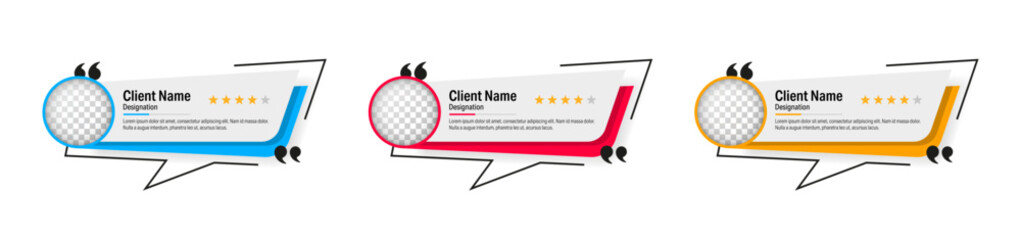 Client testimonials templates with photo, name, job title, and rating in clean blue, red, and yellow layouts for feedback or reviews UI design.