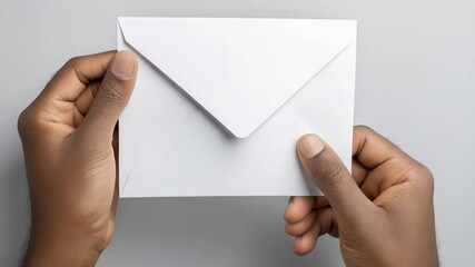 Professional businessman holding blank white envelope, displaying clean communication design against neutral gray studio background