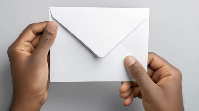 Professional businessman holding blank white envelope, displaying clean communication design against neutral gray studio background