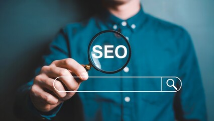 Exploring website SEO optimization with a magnifying glass focused on search engine visibility and keyword research, revealing digital marketing insights and strategies for improved rankings.