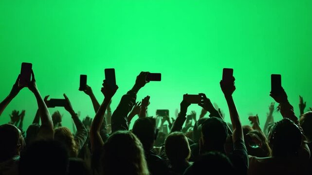 Crowd Silhouetted Against Green Screen: A sea of silhouettes, hands raised high, capturing a vibrant moment with their phones against a stark green screen.