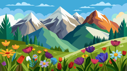 A mountain range with a field of flowers in the foreground. The mountains are covered in snow and the flowers are in full bloom. The scene is peaceful and serene © Theevit