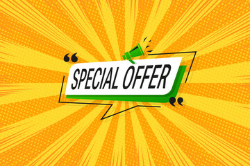 Green megaphone with "Special Offer" speech bubble on vibrant yellow backdrop with dotted rays—ideal for marketing, sales, or promo themes.