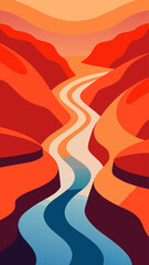 A river runs through a canyon with orange and brown hills in the background. The water is blue and the hills are orange