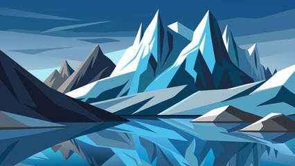 A mountain range with a lake in the foreground. The mountains are covered in snow and the lake is calm and reflective. The sky is dark and cloudy, giving the scene a moody and serene atmosphere