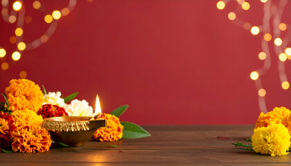 Diwali diya flowers lights with festive.