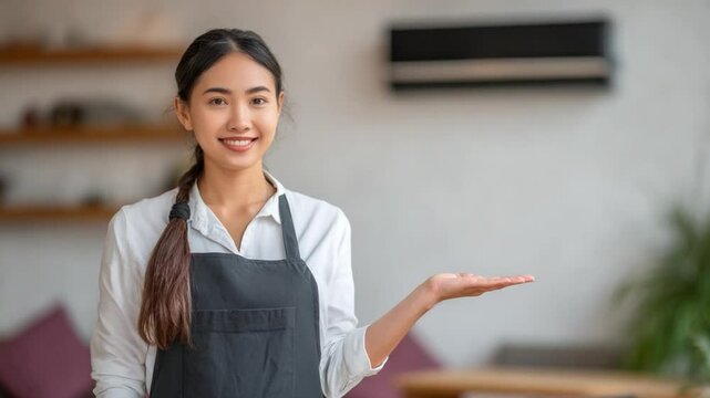 Graceful Presentation: A radiant asian waitress extends her hand invitingly, showcasing hospitality and elegance in a well-lit cafe, conveying welcoming, smiling, and professional charm.
