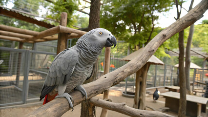 Obraz premium African grey parrot perched on branch in aviary zoo park wildlife bird animal pet nature conservation habitat