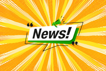 Green megaphone with "News!" text on a vibrant yellow background. Eye-catching design for announcements, breaking news, or media-related themes.