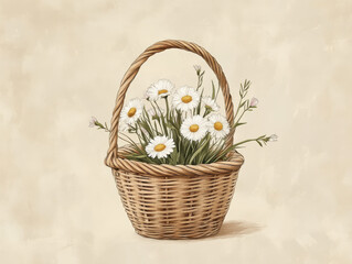 Charming illustration of wicker basket filled with delicate white daisies, exuding sense of natural beauty and simplicity. soft background enhances floral arrangement