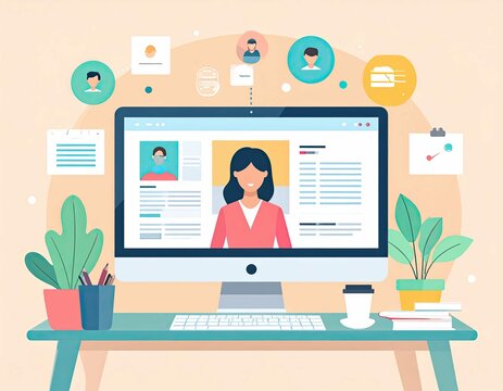 Woman on computer screen reviewing candidate resumes with digital profile icons in organized remote hiring workspace - Powered by Adobe