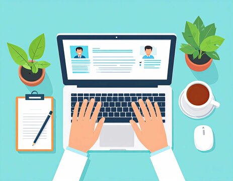 Hands typing on laptop keyboard with digital resumes on screen clipboard and coffee surrounded by plants on blue desk