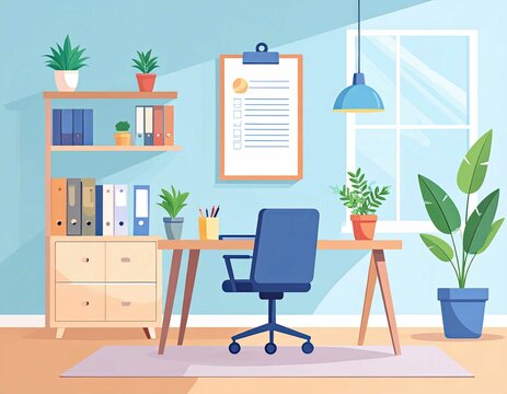 Minimal home office interior with desk chair window clipboard and plants in bright space for remote work organization