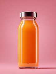 Fresh orange juice in glass bottle on pink background healthy drink concept