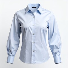 Elegant light blue long-sleeved blouse, crisp and professional attire on white background