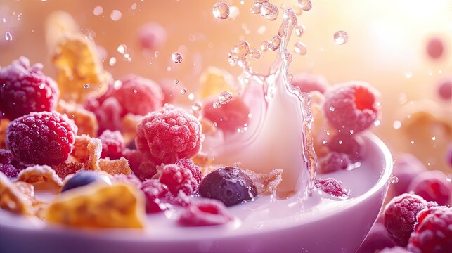 A bowl of breakfast cereal with milk and fresh fruit, showcasing a splash of milk